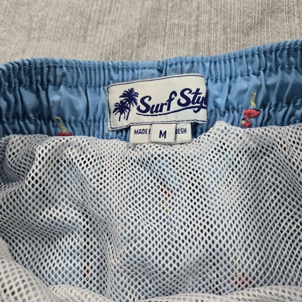 Surf Style Mens Medium Embroidered Flamingo Swim Shorts Trunks Beach Pool EUC